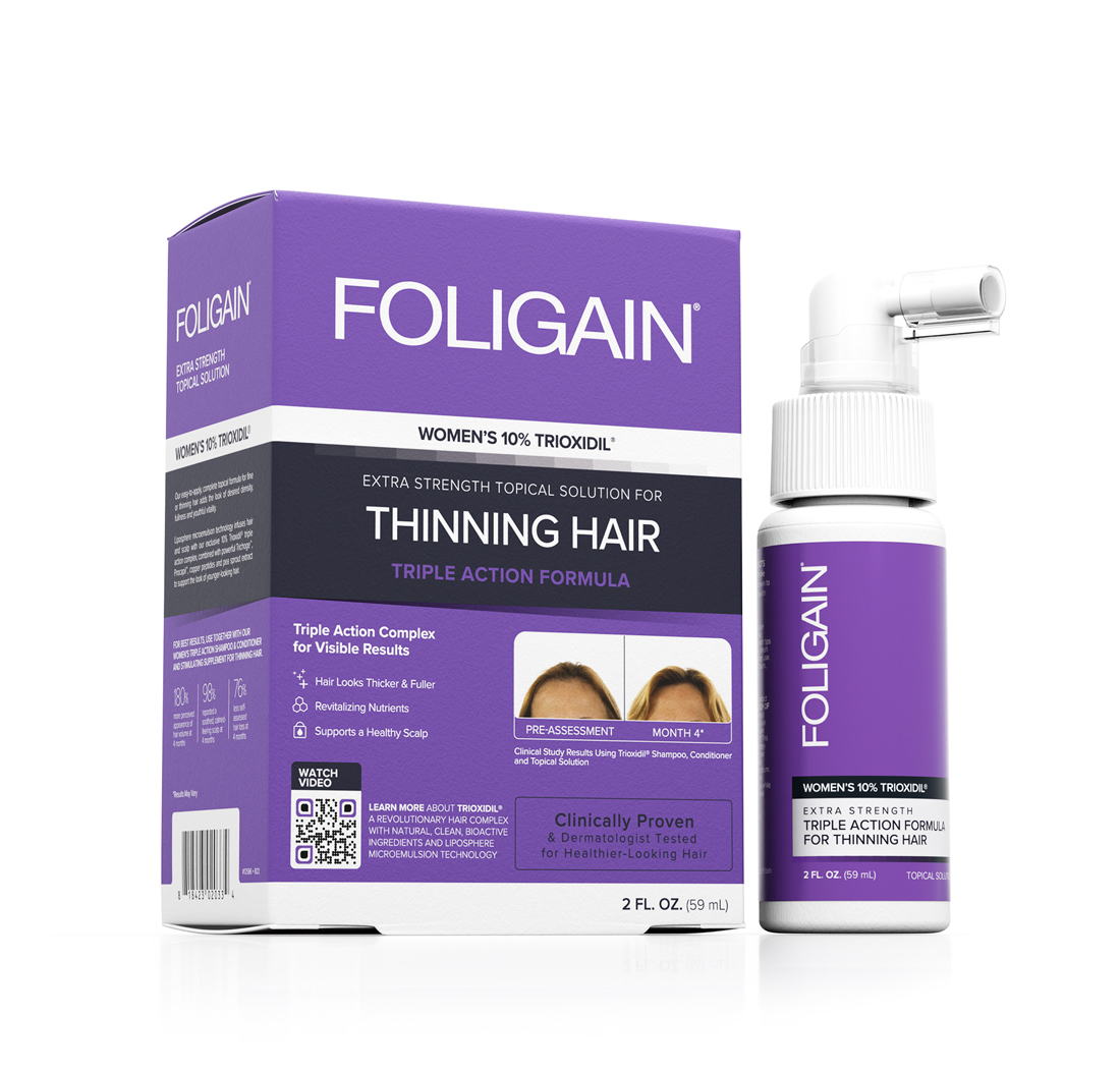 FOLIGAIN TRIPLE ACTION TREATMENT FOR THINNING HAIR For Women with 10% Trioxidil® (2 fl oz) 59ml 1 Month Supply